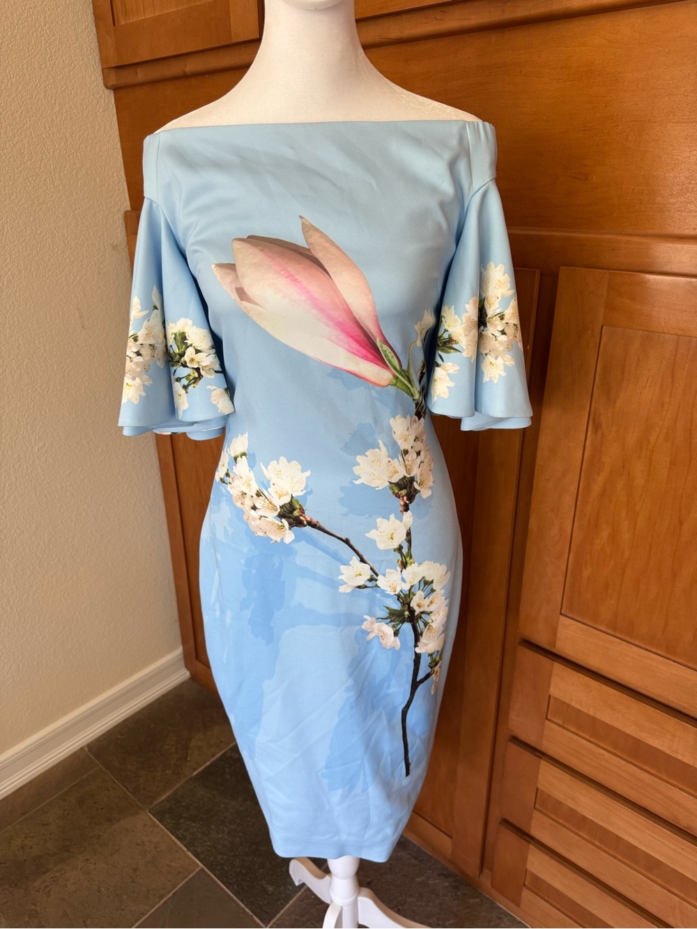 Ted Baker London Pale Blue Floral Lauraen Off Shoulder Dress Ted Baker Size 1